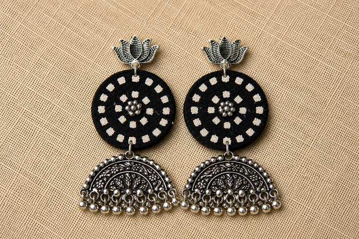 Chandrakala - Black Block-Print Disc & Chandbali Danglers
