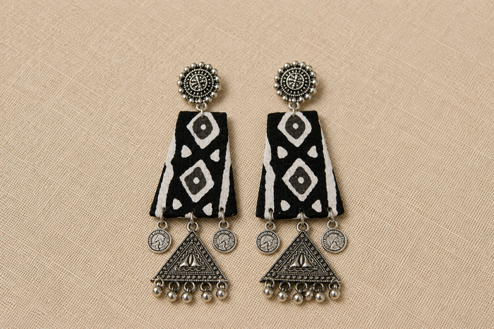 Banjara - Black & Ivory Block-Print Coin & Triangle Danglers