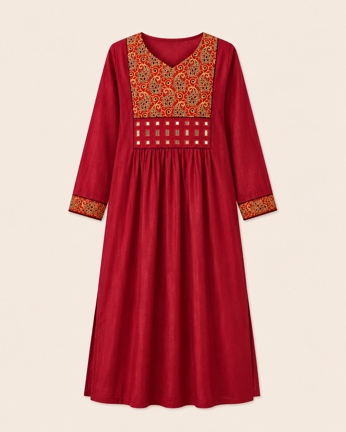 Maroon Maxi Dress with Paisley Yoke & Mirror Work