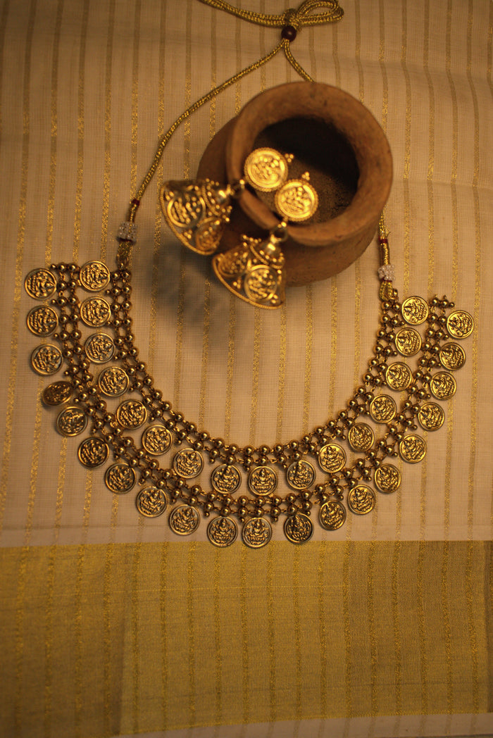 Antique Gold Lakshmi Coin Choker with Matching Earrings