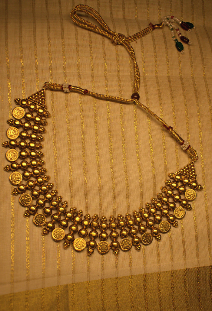 Antique Gold Beaded Choker with Lakshmi Coin Drops and Matching Earrings