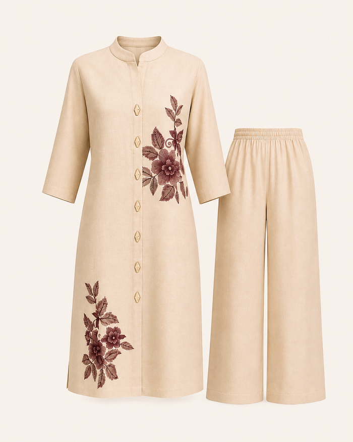 Ivory Beige Floral Embroidered Kurta Set with Matching Bottom