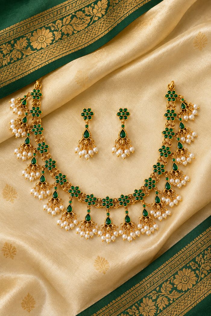 Devi — Emerald & Pearl Temple Necklace Set