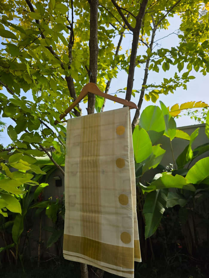Ilam - Gold Checked Set Mundu with Broad Kasavu Border