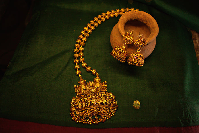 Antique Gold Dashavatar Pendant Necklace with Matching Jhumka Earrings