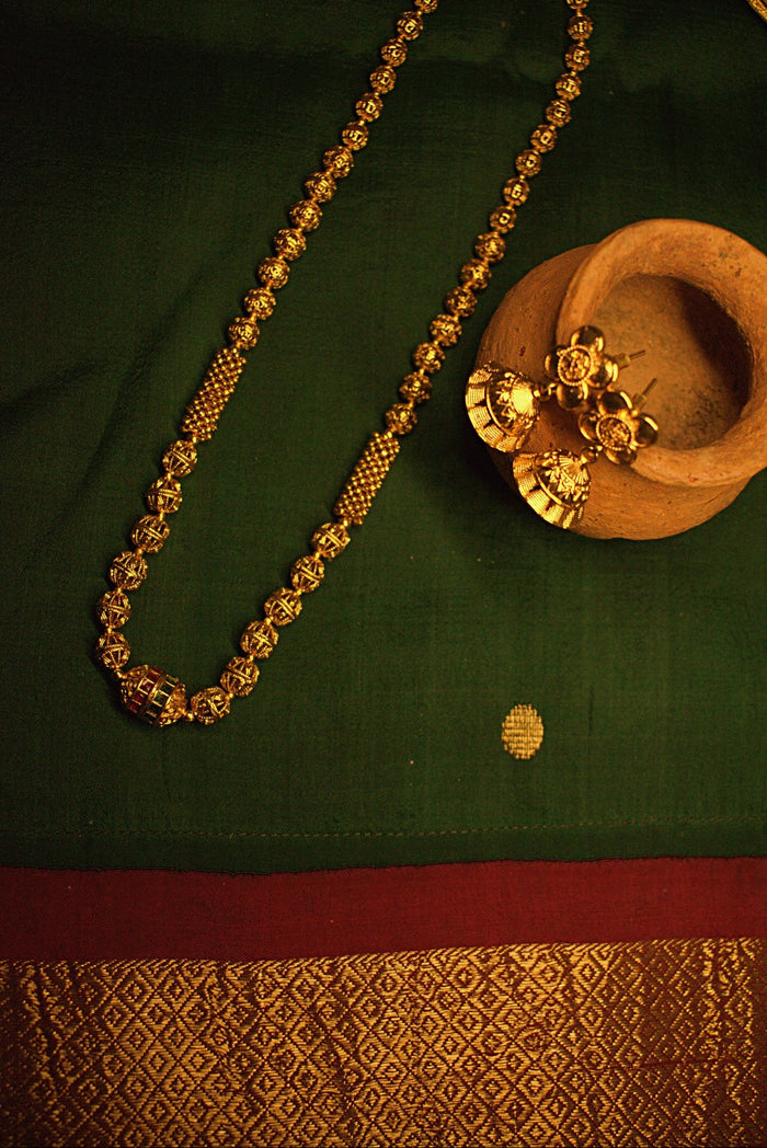 Antique Gold Filigree Beaded Long Necklace with Matching Jhumka Earrings