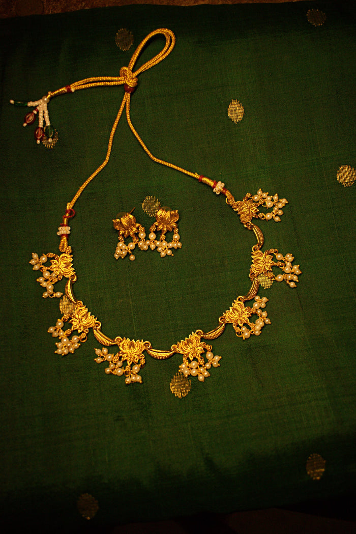 Gold Lotus Motif Choker with Matching Earrings