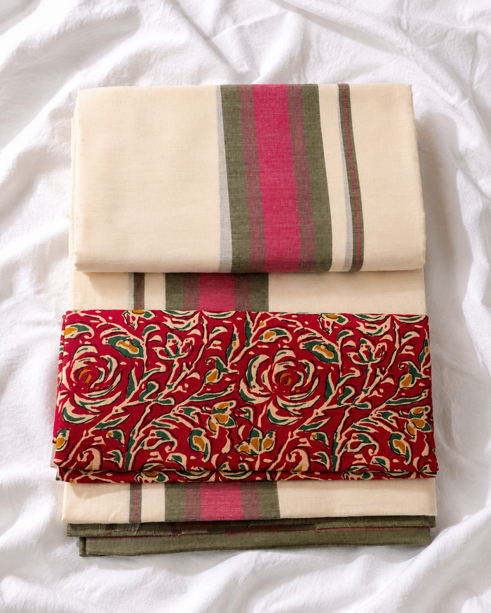 Vrindam - Set Mundu with Rose Print Blouse Piece