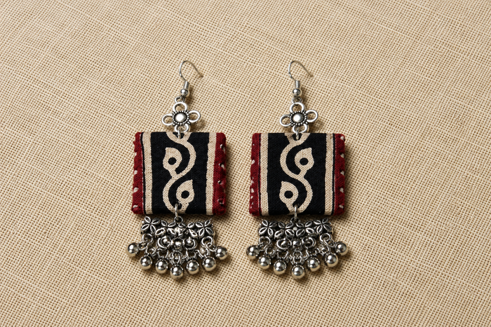 Ajrakh Lehar - Black & Madder Block-Print Hook Danglers