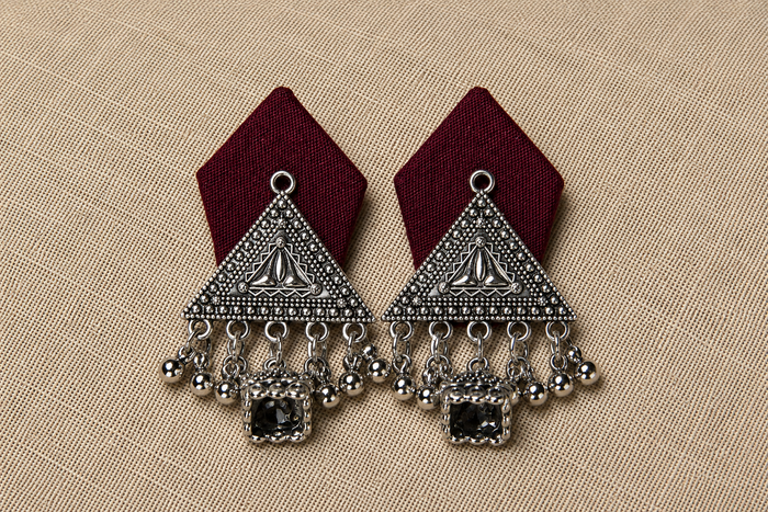 Trikona - Maroon Kite Danglers with Oxidised Triangle & Black Stone