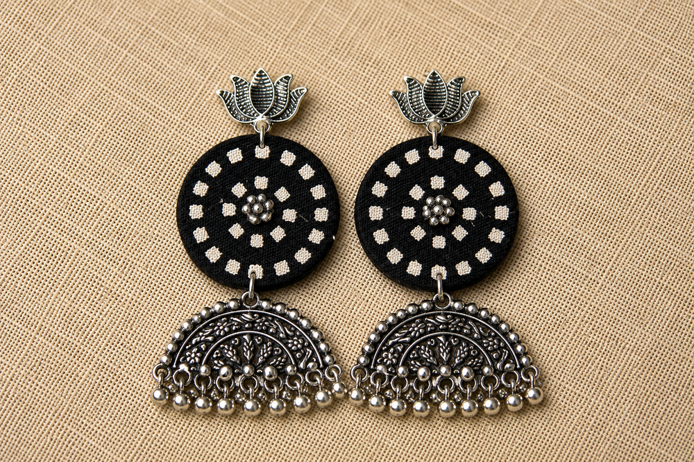 Chandrakala - Black Block-Print Disc & Chandbali Danglers