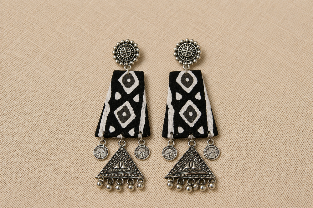 Banjara - Black & Ivory Block-Print Coin & Triangle Danglers