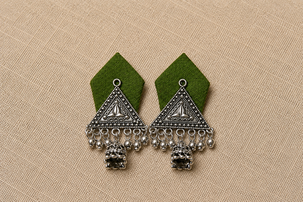 Trikona Vana - Olive Kite Danglers with Oxidised Triangle & Black Stone