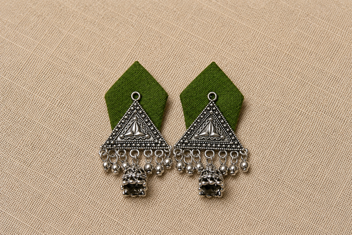 Trikona Vana - Olive Kite Danglers with Oxidised Triangle & Black Stone