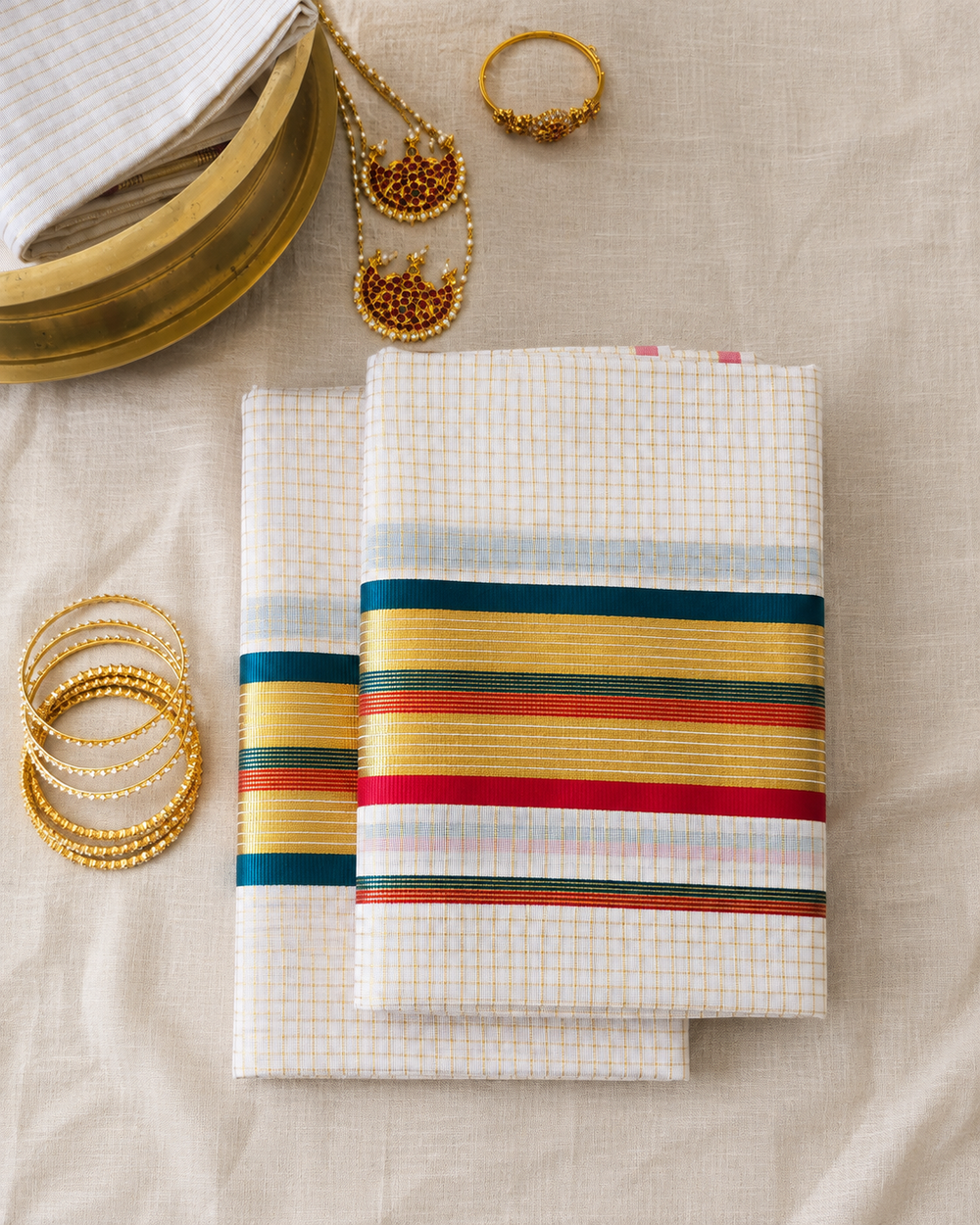 Kanmani - Gold Checked Set Mundu with Multicolour Border