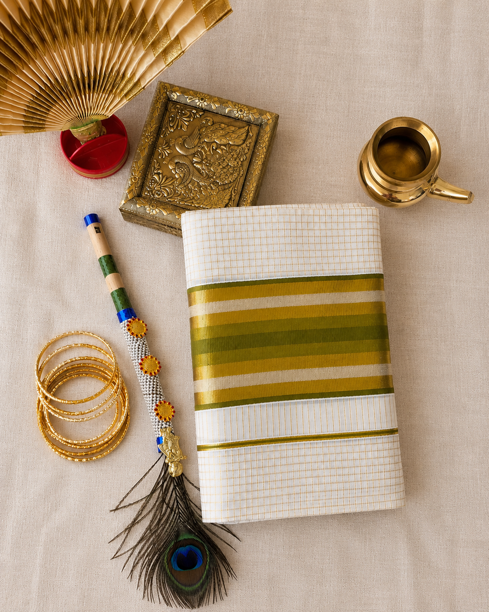 Thulasi - Gold Checked Set Mundu with Olive Green Border