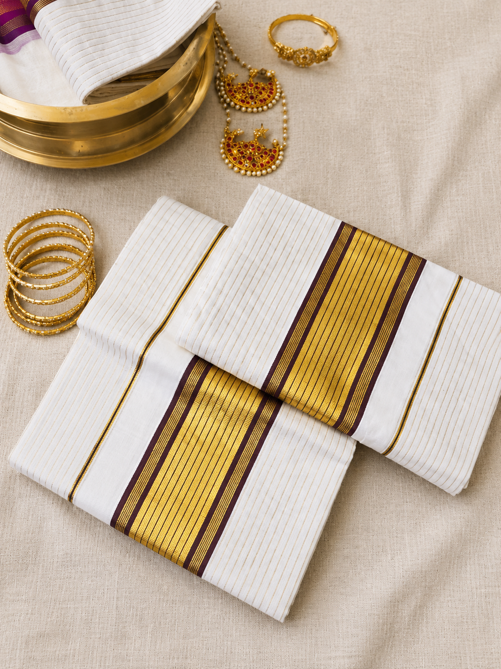 Manjadi - Gold Striped Set Mundu with Maroon and Zari Border