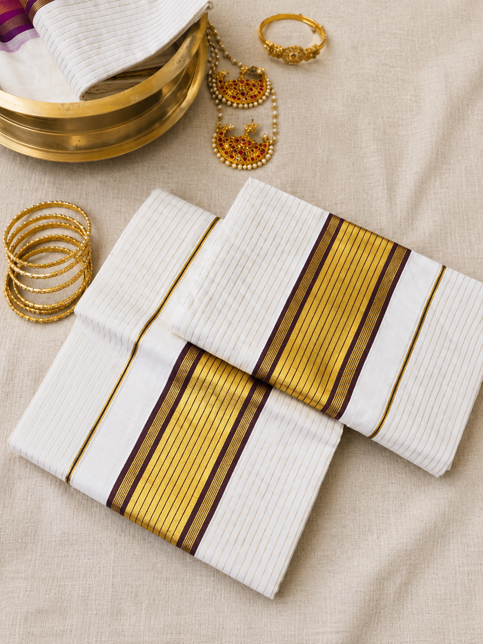 Manjadi - Gold Striped Set Mundu with Maroon and Zari Border