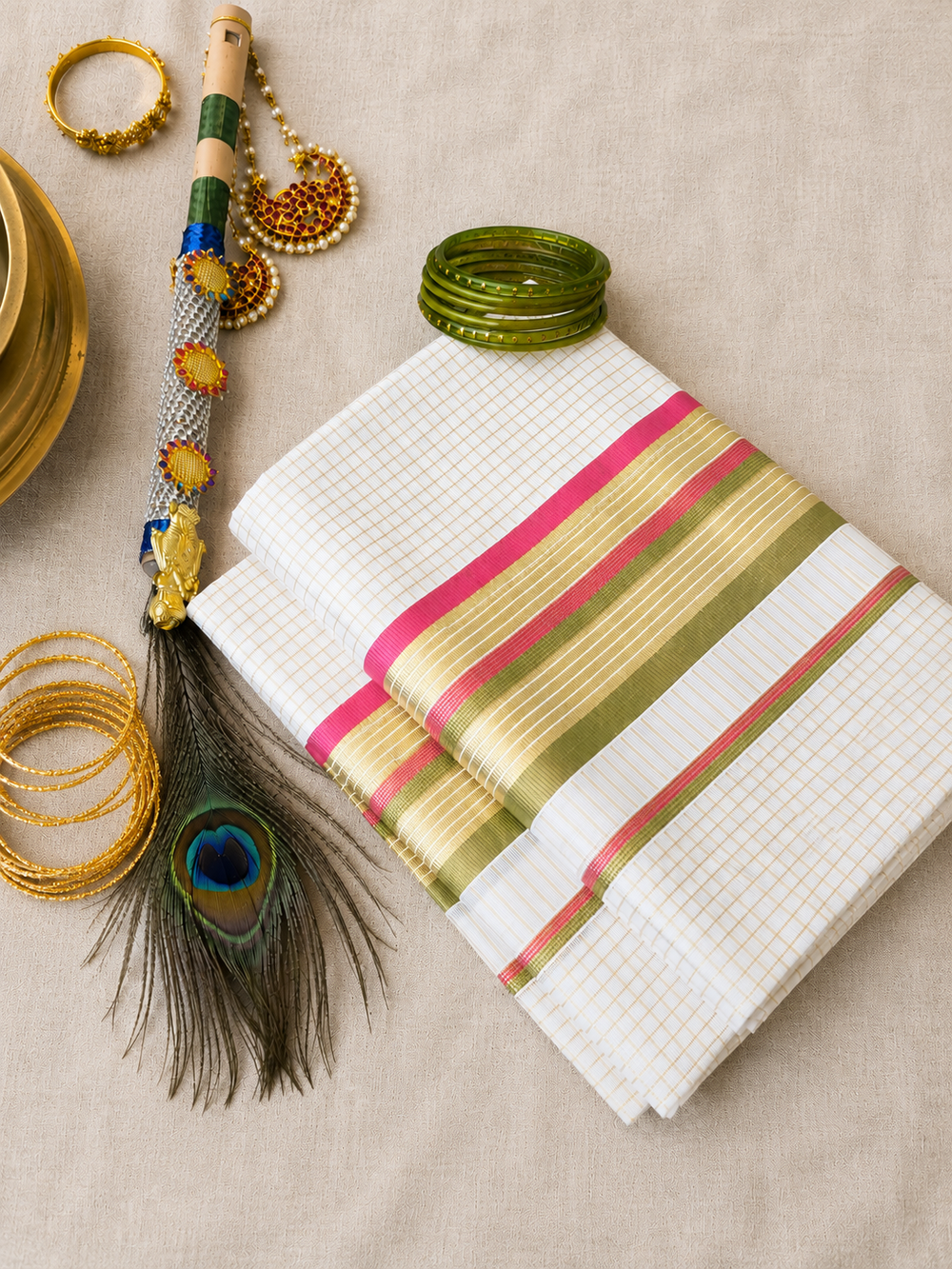 Chembarathi - Gold Checked Set Mundu with Pink and Green Border