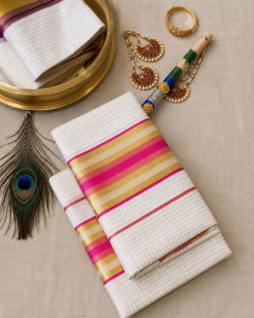 Thamara - Gold Checked Set Mundu with Pink and Zari Border