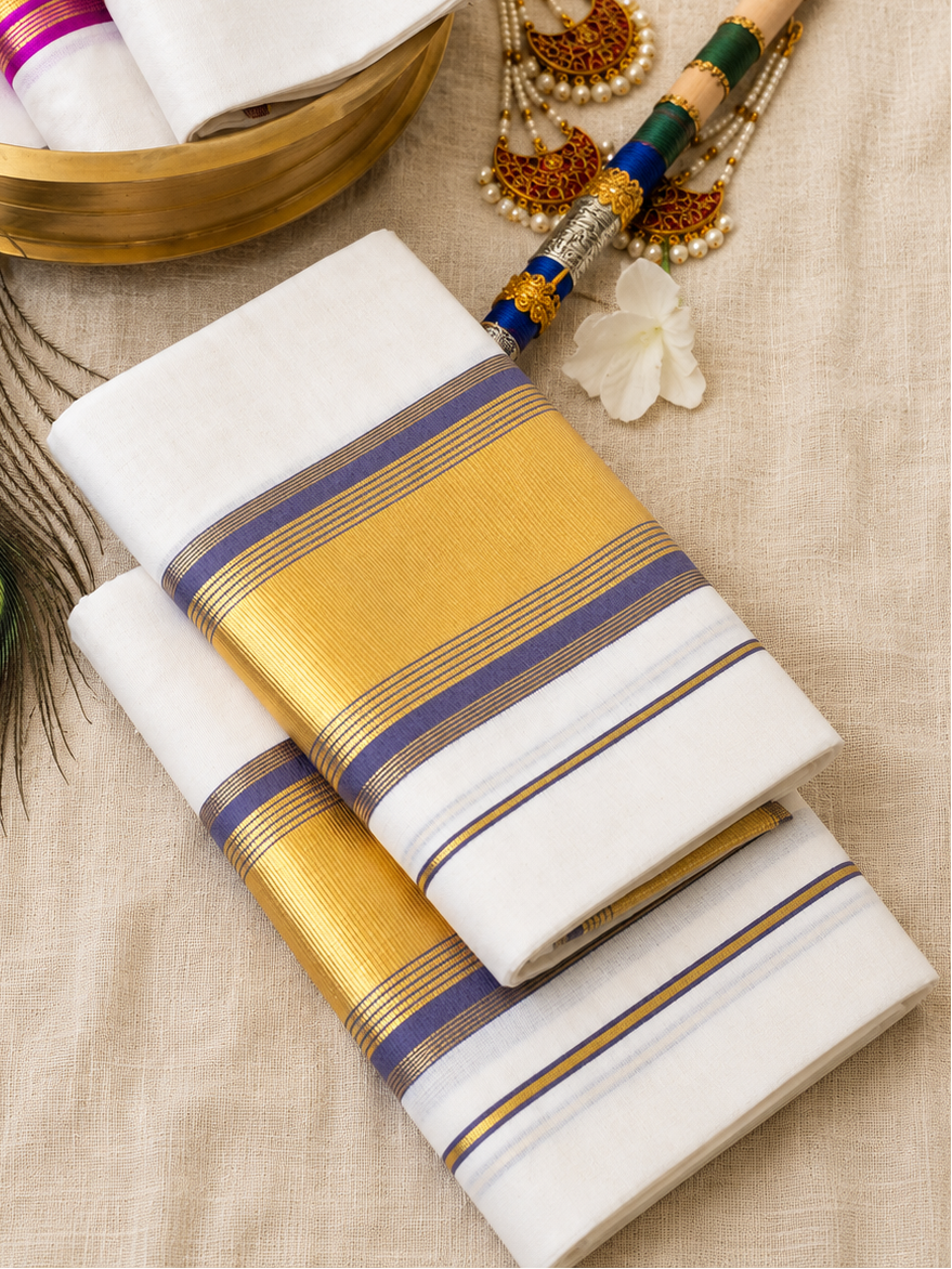 Neelam, Set Mundu with Blue and Zari Border