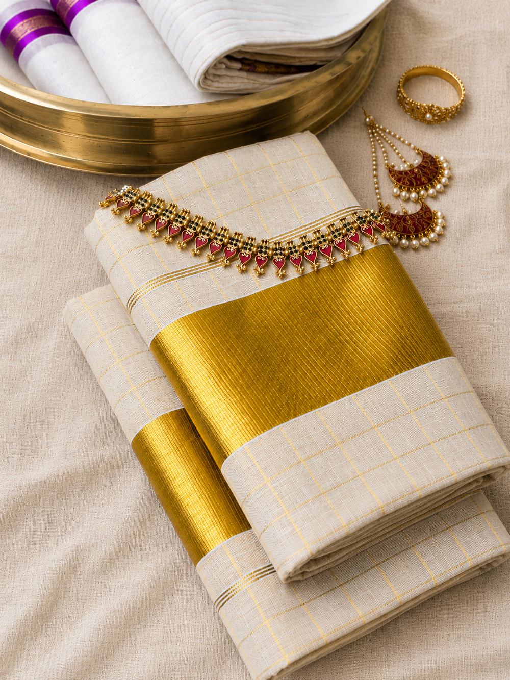 Kanakam - Gold Checked Set Mundu with Broad Zari Border