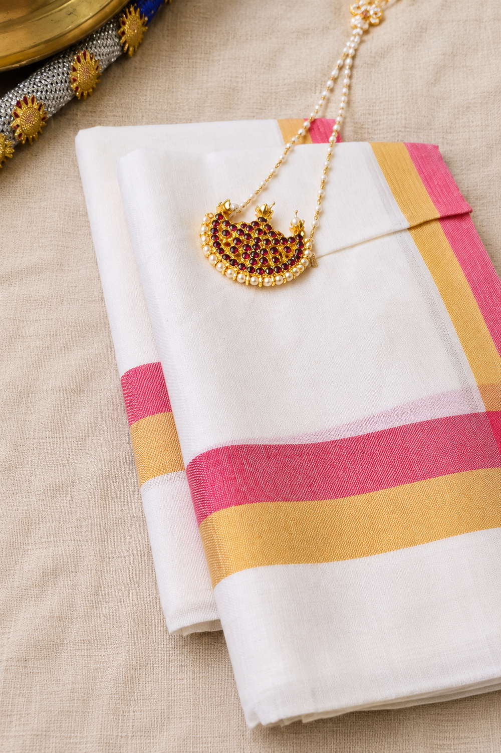 Usha - Set Mundu with Coral Pink and Kara Border
