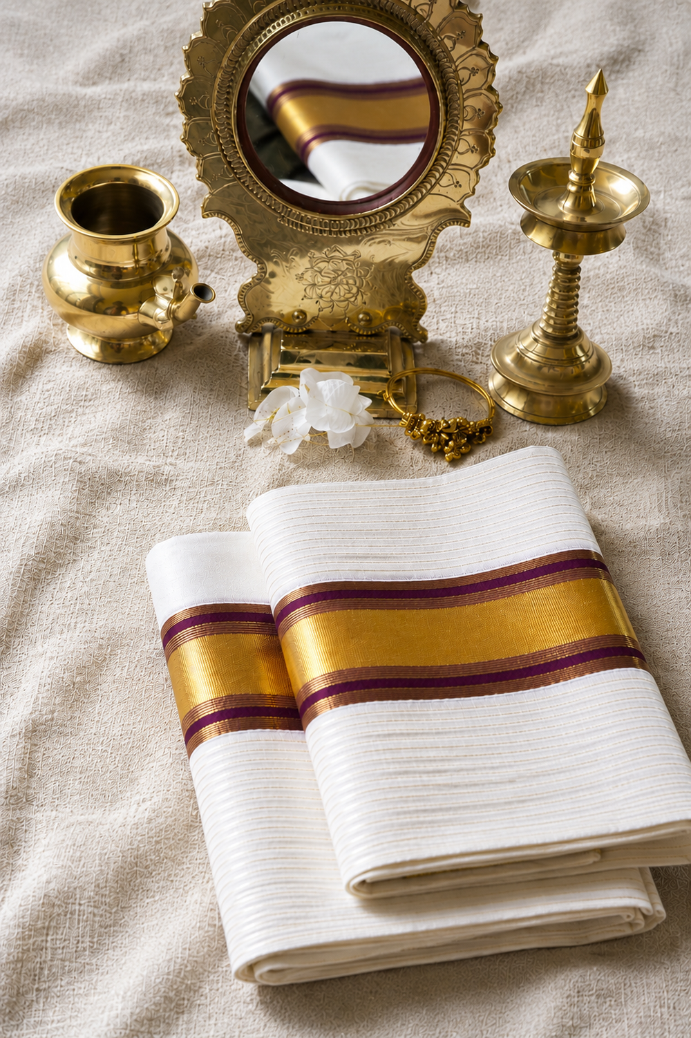 Neelakurinji - Gold Striped Set Mundu with Purple and Zari Kara