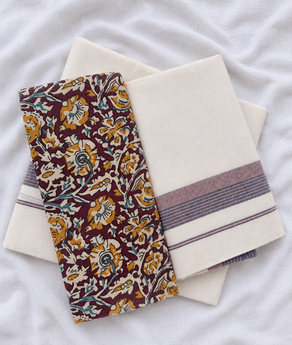 Njaval - Set Mundu with Maroon and Blue Kara and Printed Blouse Piece