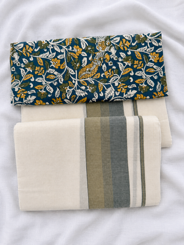 Kayal - Set Mundu with Olive and Blue Kara and Printed Blouse Piece