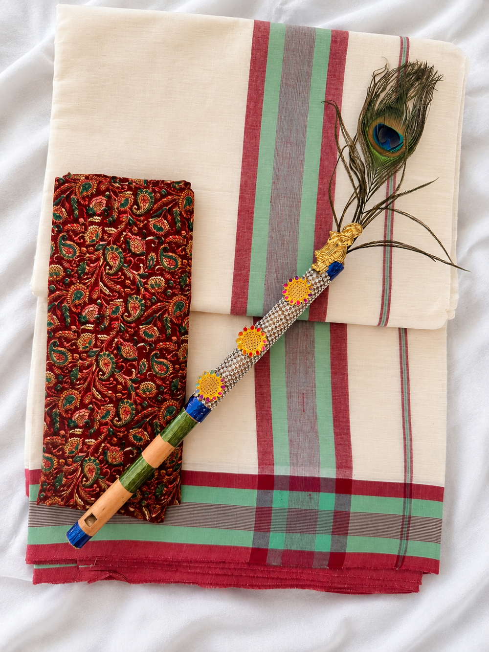 Pavizham - Set Mundu with Red and Green Kara and Printed Blouse Piece