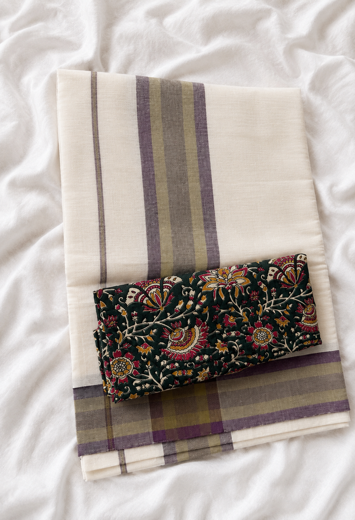 Sandhya - Set Mundu with Olive and Lavender Kara and Printed Blouse Piece