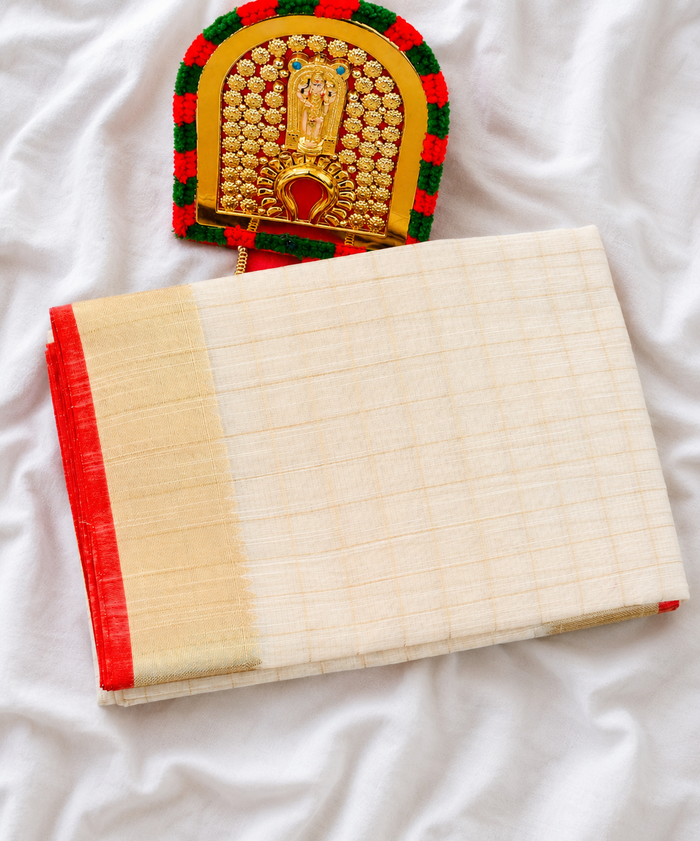 Sindooram - Gold Checked Saree with Zari and Red Kara
