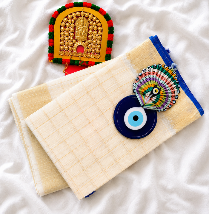 Indraneelam - Gold Checked Set Saree with Zari and Blue Kara