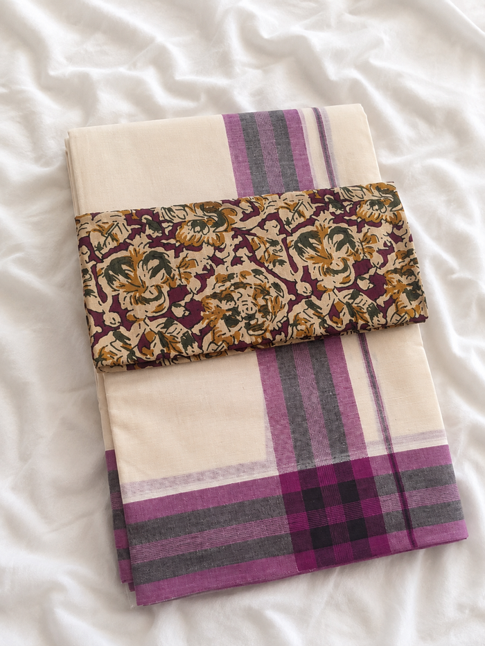 Mandaram - Set Mundu with Purple and Grey Kara and Printed Blouse Piece