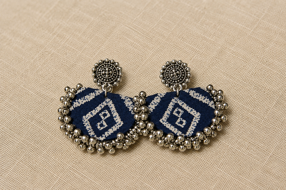 Indigo Ikat Beaded Disc Earrings