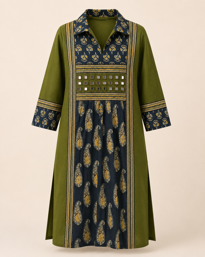 Olive Green Kurta with Indigo Block-Print Yoke & Mirror Work