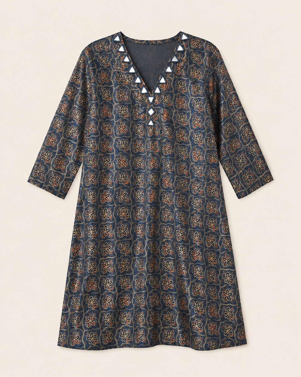 Navy Floral Print Kaftan with Mirror-Work Neckline