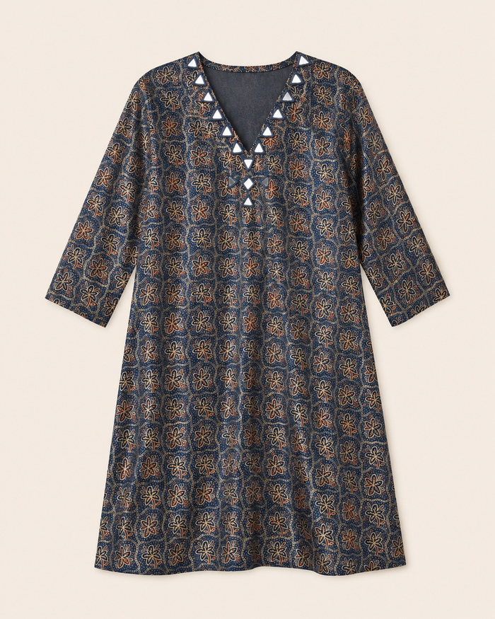Navy Floral Print Kaftan with Mirror-Work Neckline