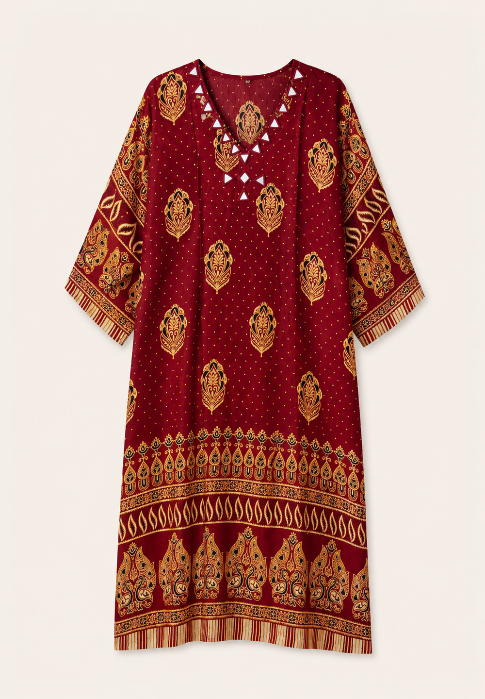 Maroon Polka Dot Kurta with Paisley Border & Mirror Work