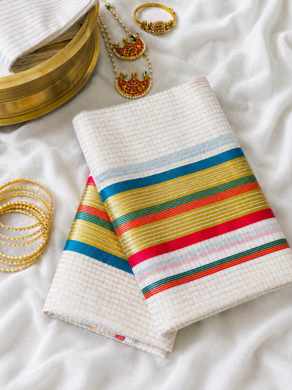 Kanmani - Gold Checked Set Mundu with Multicolour Border
