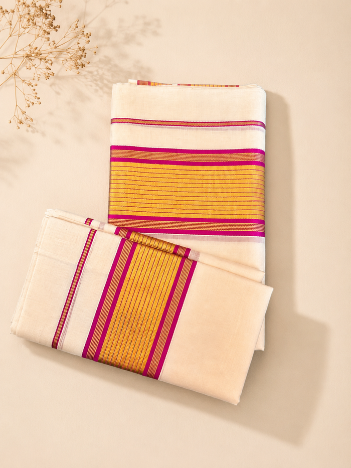 Thazhampoo - Gold & Magenta Bordered Set Mundu