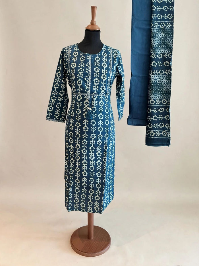 Indigo Blue Floral Block Print Kurta Set with Printed Dupatta