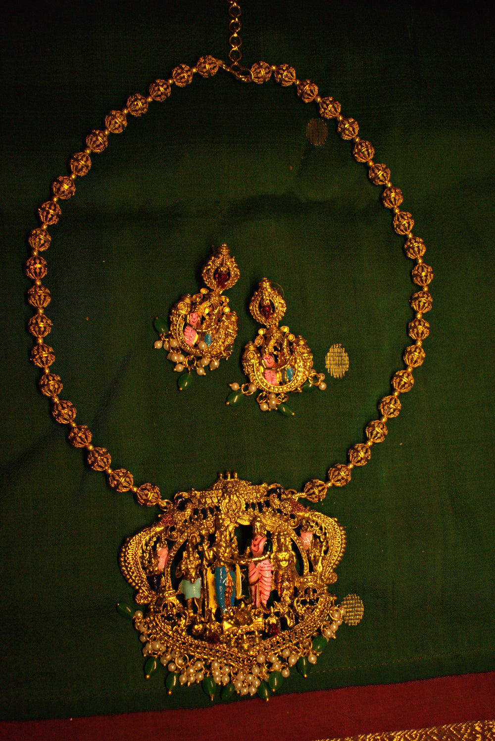 Antique Gold-Finish Deity Pendant Necklace with Earrings