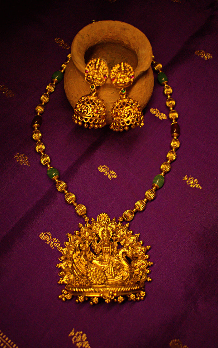Antique Gold Lakshmi Pendant Necklace with Matching Jhumka Earrings