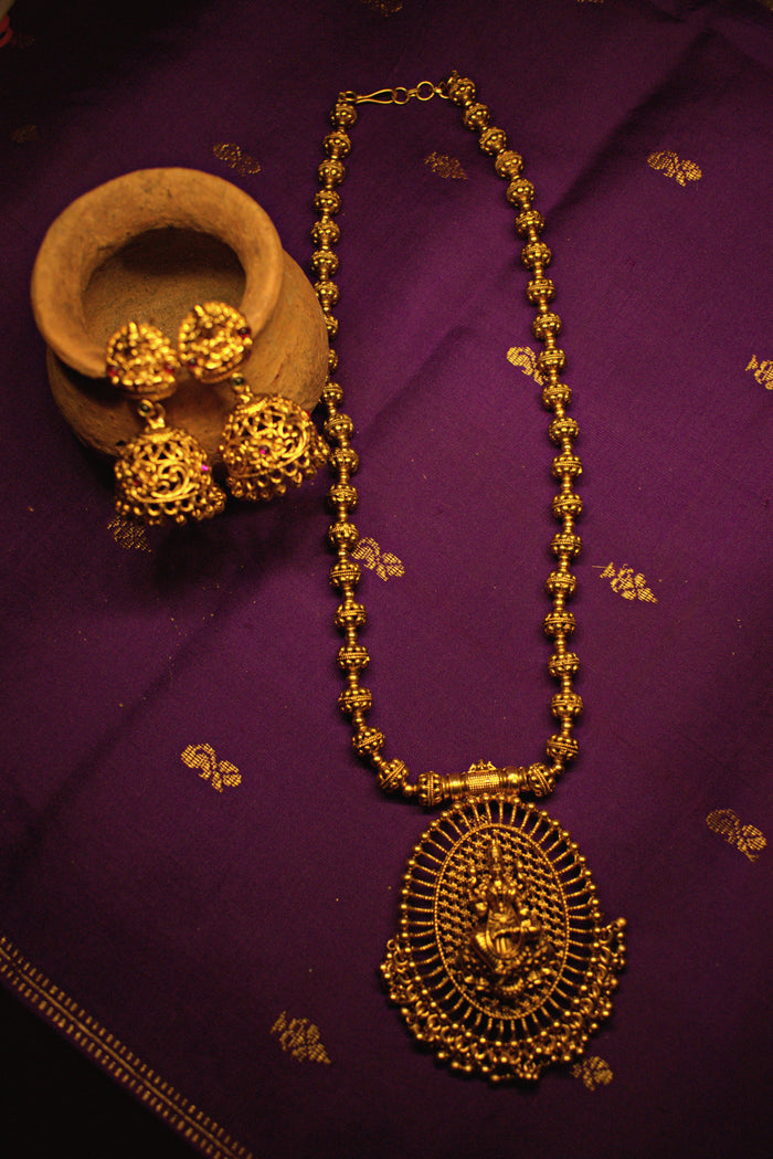 Antique Gold Filigree Lakshmi Pendant Necklace with Matching Jhumka Earrings