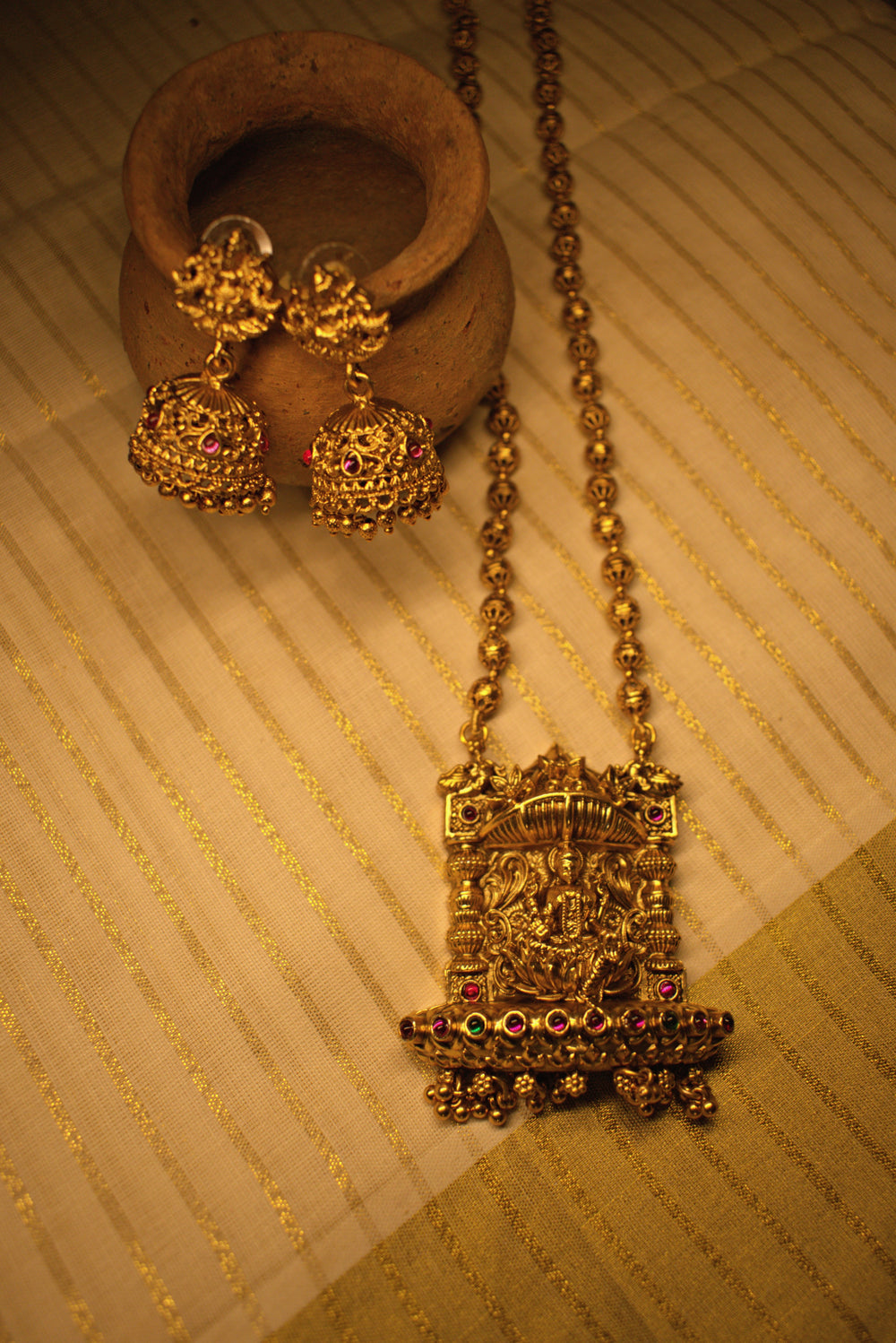 Antique Gold Temple Pendant Necklace with Matching Jhumka Earrings