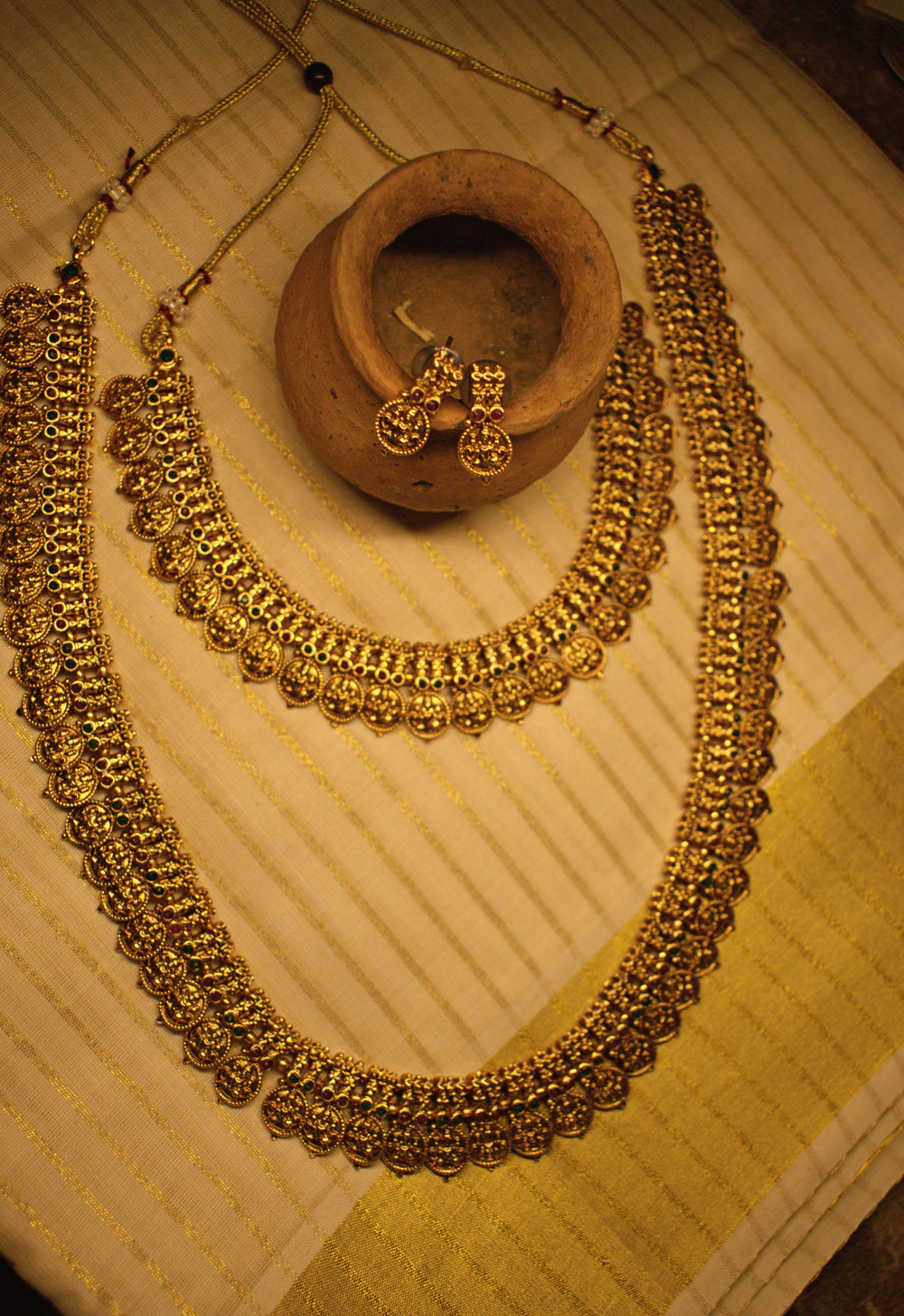 Antique Gold Two Layer Lakshmi Medallion Necklace with Matching Earrings