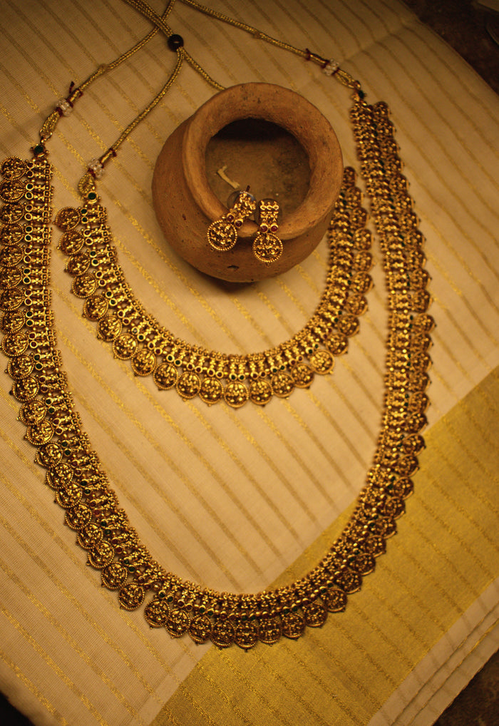 Antique Gold Two Layer Lakshmi Medallion Necklace with Matching Earrings