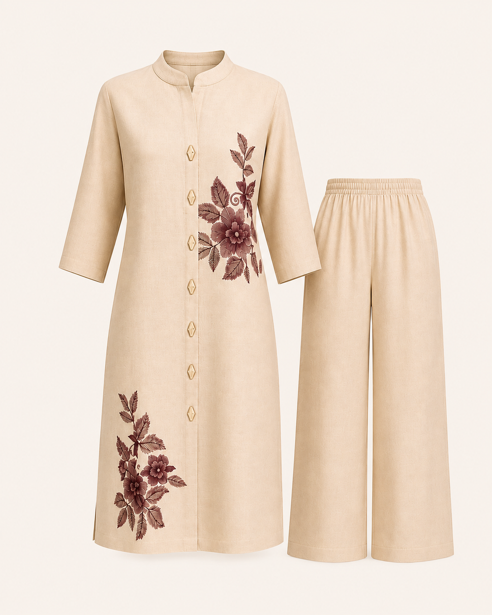Ivory Beige Floral Embroidered Kurta Set with Matching Bottom